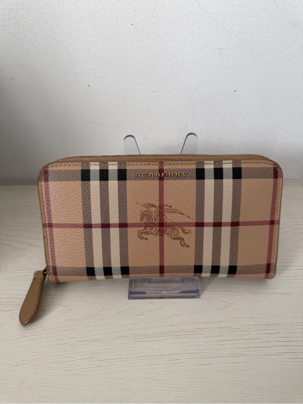 Burberry Tan Vintage Check Zip Wallet with Horseman Motif